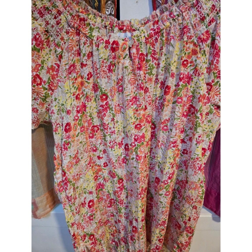 Kim Rogers Womens Floral Peasant Top Short Sleeve Red Pink Yellow Ditsy Blouse L